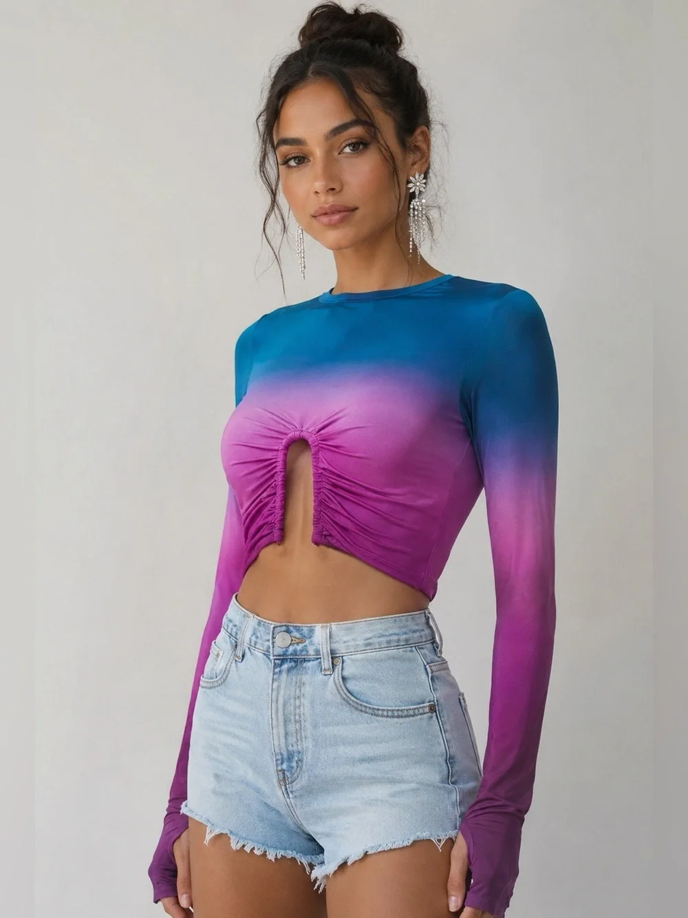 AFRM Crop Top Ombre Long Sleeve Ruched MSRP $99